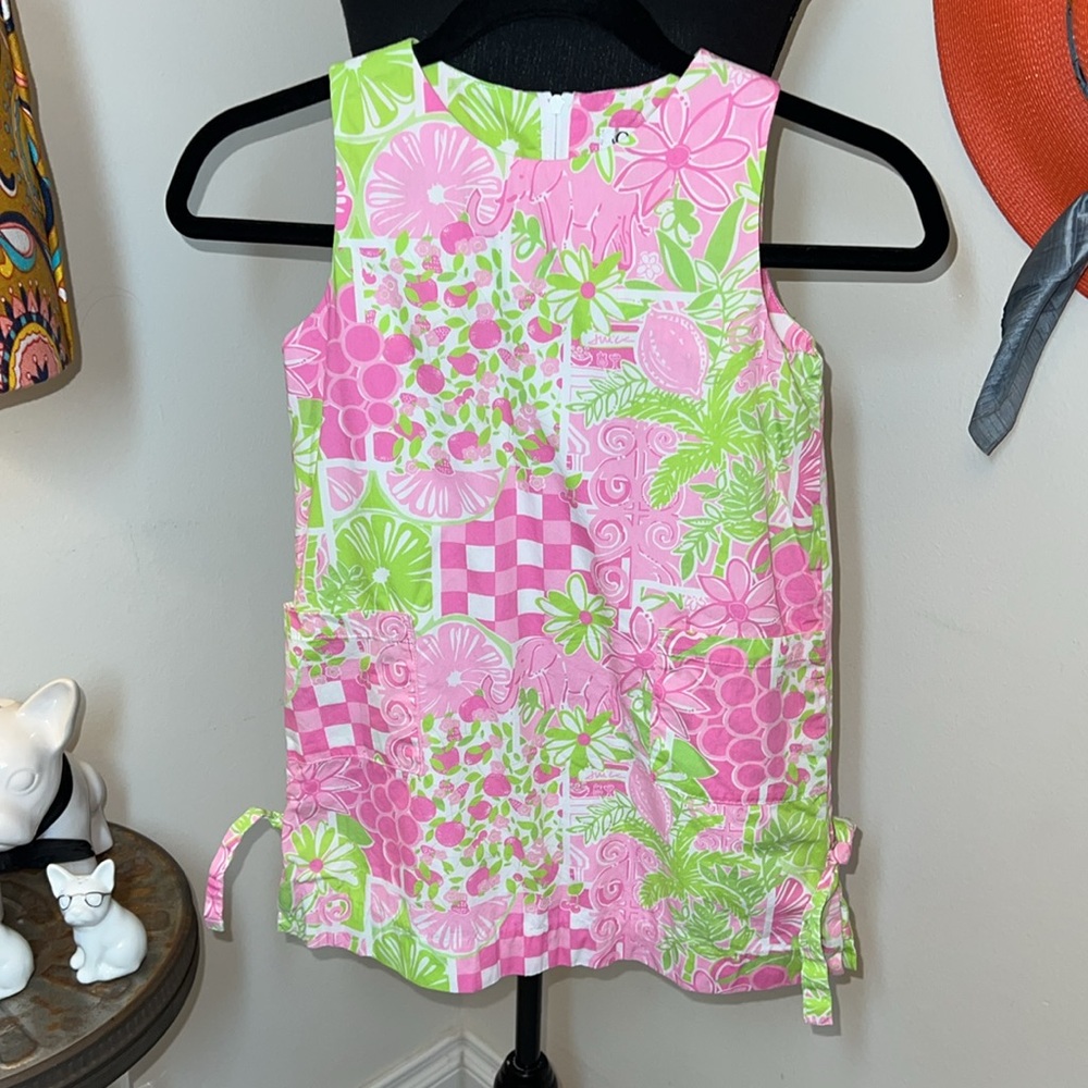 Vintage Lilly Pulitzer Pink & Green Elephant Fruit Juice Stand Shift Dress Sz.4